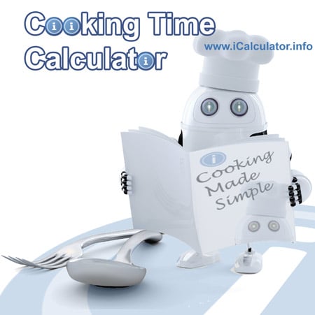 Cooking Time Calculator. This image shows a chef preparing a meal using the cooking time calculator. The cooking time calculator uses cooking duration formula based on weight and oven type (gas oven, electric oven and electric fa oven) in order to calculate the cooking duration and plan cooking start times to have a meal ready to eat at a specific time.